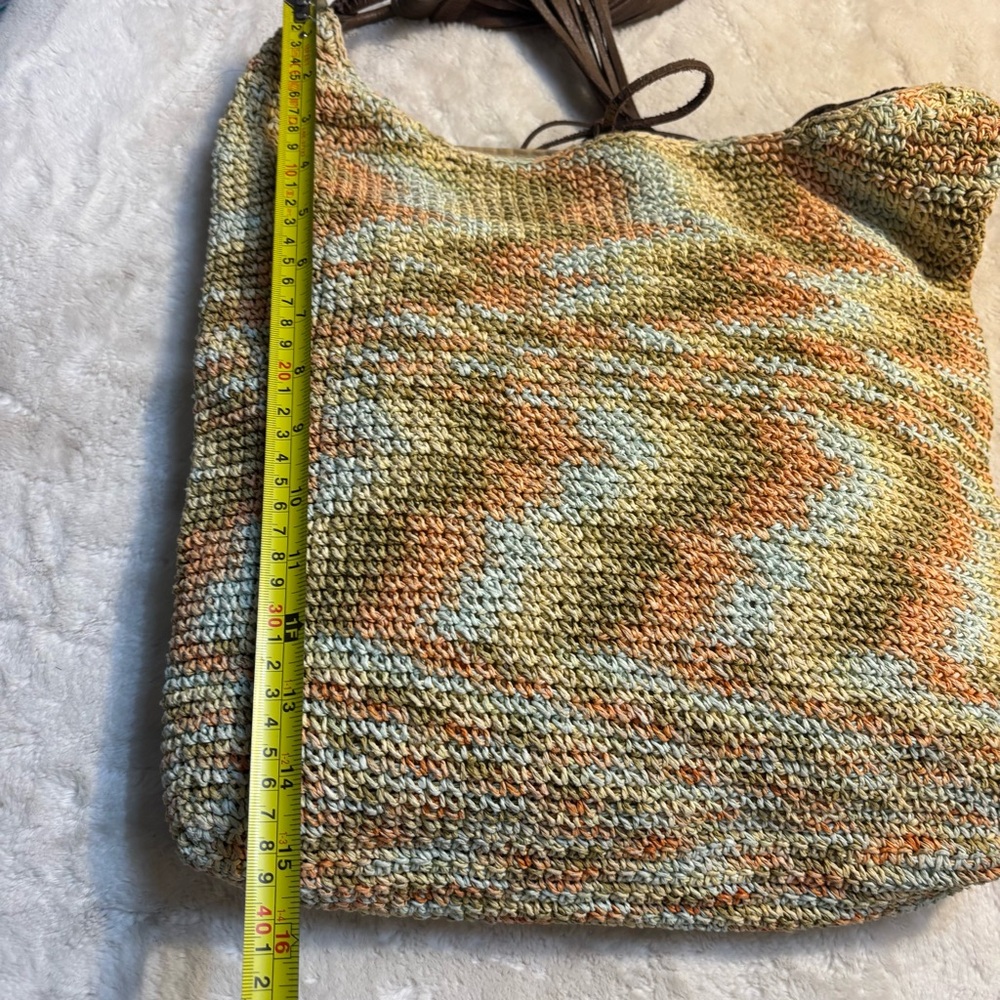Express Knit Boho Bag Cream Orange Green Yellow Hobo Shoulder Bag Brown Straps - Picture 15 of 16